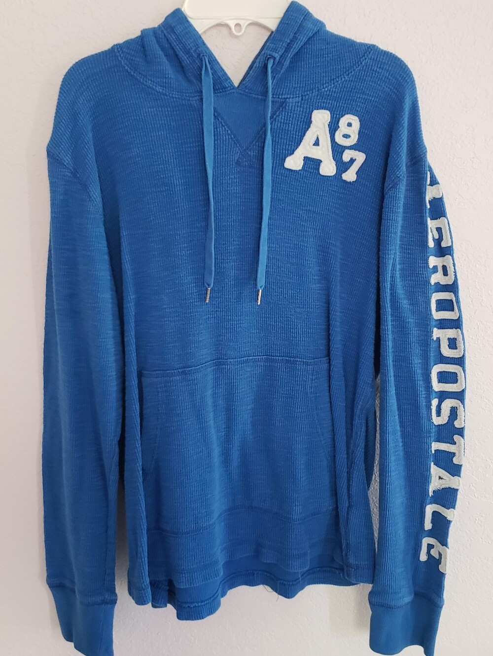 Early 00's Aeropostale Royal Blue A87 Waffle-Knit Hood Letterman Logo Top